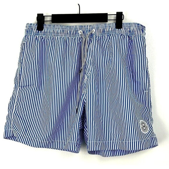 2 Maamgic Mens L Swim Trunks Blue Shark Stripe Shorts Liner Pocket 5 Inch Inseam - Picture 7 of 12